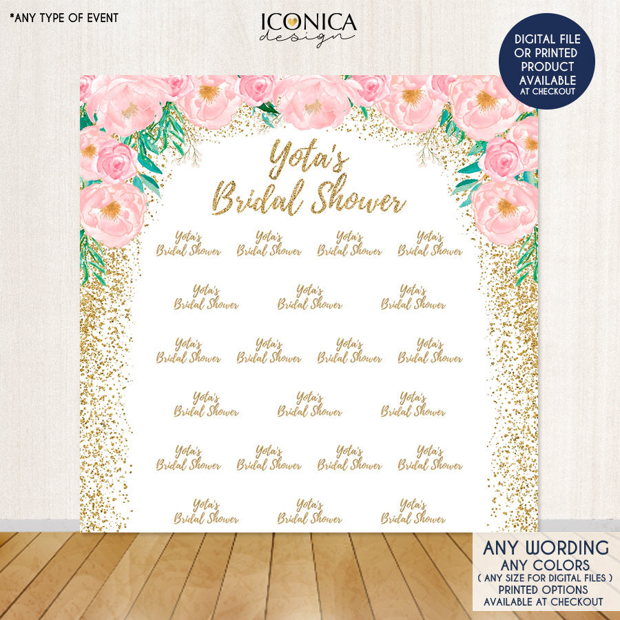 Floral Pink and Gold Photo Booth Backdrop,Custom Step And Repea Bridal Shower Party Backdrop, pink peonies ,Printed BBR0021