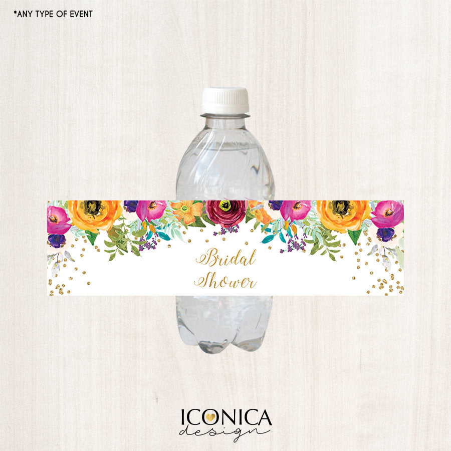 Floral Bottle Labels, Bridal Shower Bottle Wrappers, Bright Colors, Garden Party, Printed or Personalized Printable File