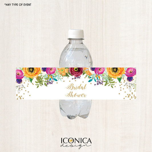 Floral Bottle Labels, Bridal Shower Bottle Wrappers, Bright Colors, Garden Party, Printed or Personalized Printable File