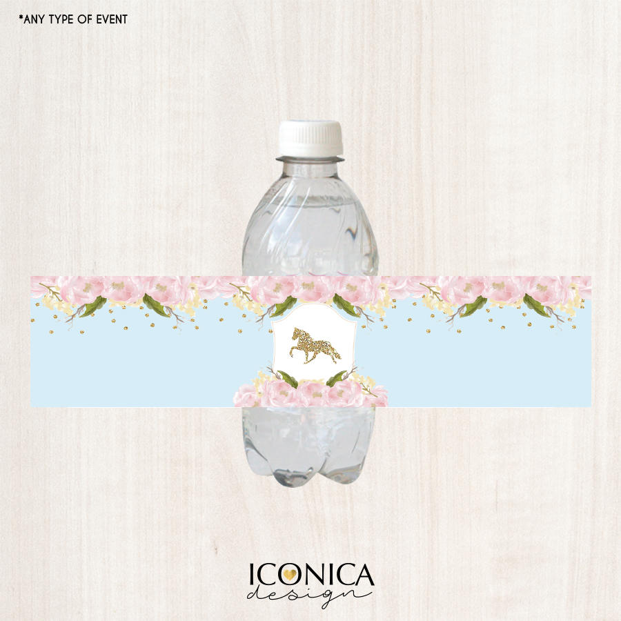 Floral Bottle Labels, Horse Party Bottle Wrappers, Blue and Pink, Garden Party, Printed or Personalized Printable File