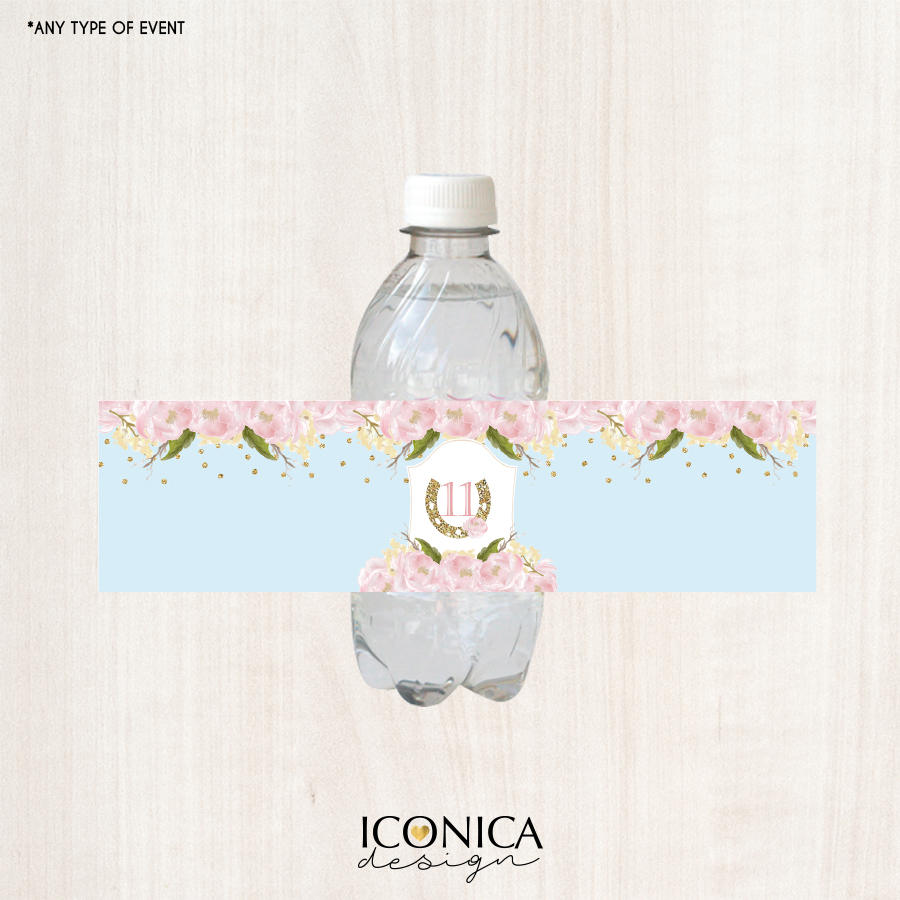 Floral Bottle Labels, Horse Party Bottle Wrappers, Blue and Pink, Garden Party, Printed or Personalized Printable File