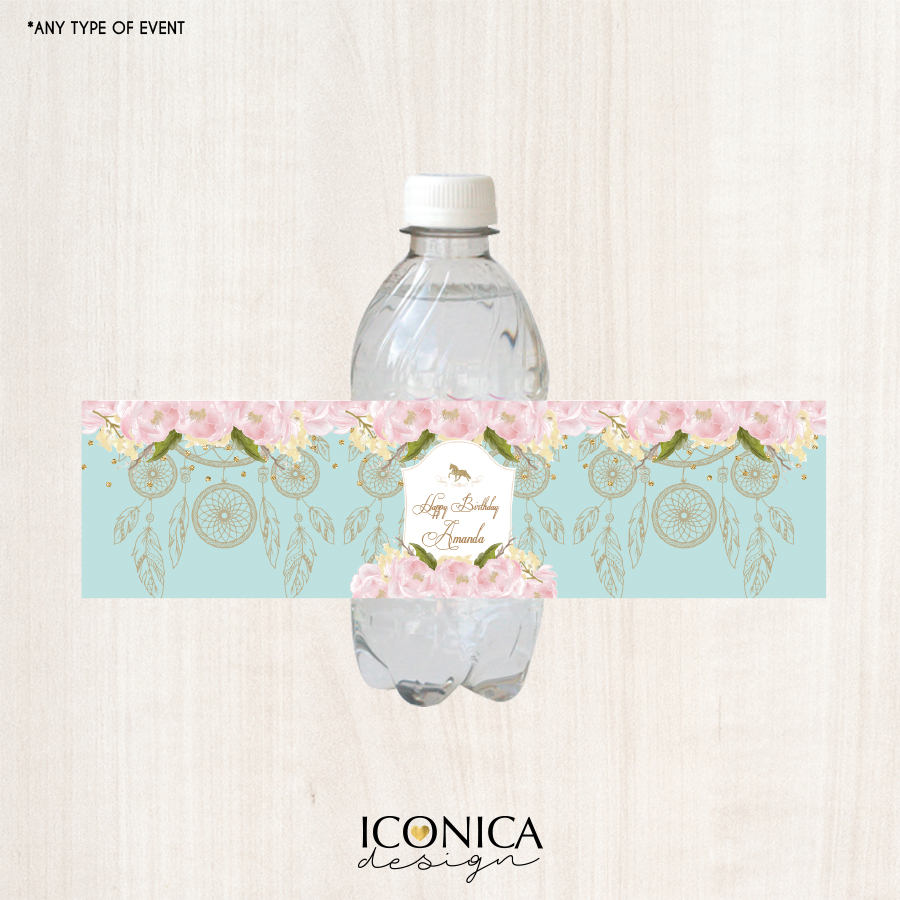 Floral Bottle Labels, Horse Party Bottle Wrappers, Mint Green and Pink, Garden Party, Printed or Personalized Printable File