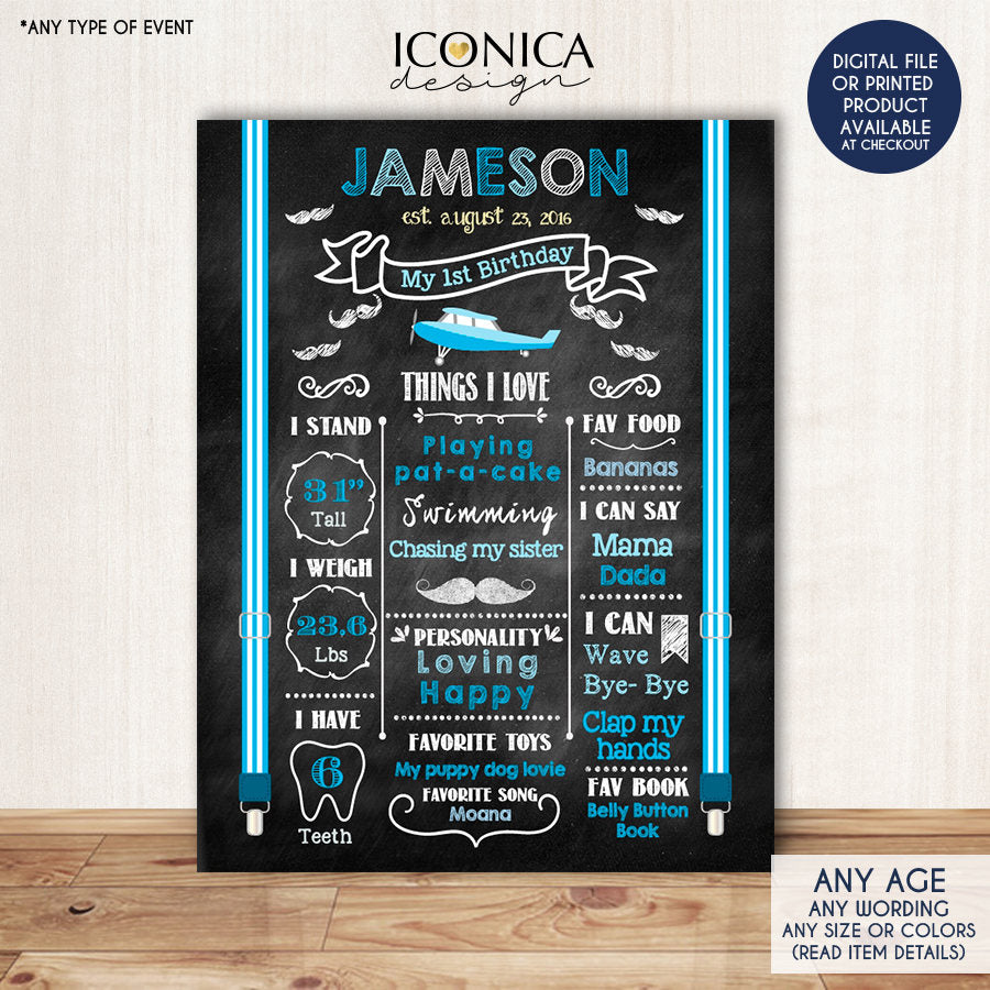 First Birthday Chalkboard Sign, Little Man 1st Birthday Poster, Mustache Bash, Airplane Birthday Photo Prop, Printed Or Printable CBD0030