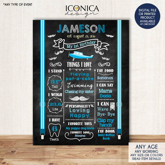 First Birthday Chalkboard Sign, Little Man 1st Birthday Poster, Mustache Bash, Airplane Birthday Photo Prop, Printed Or Printable CBD0030