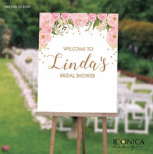 Load image into Gallery viewer, Floral Bridal Shower Welcome Sign, Pink and Gold Floral Sign - Garden Party - Printed SWBR003
