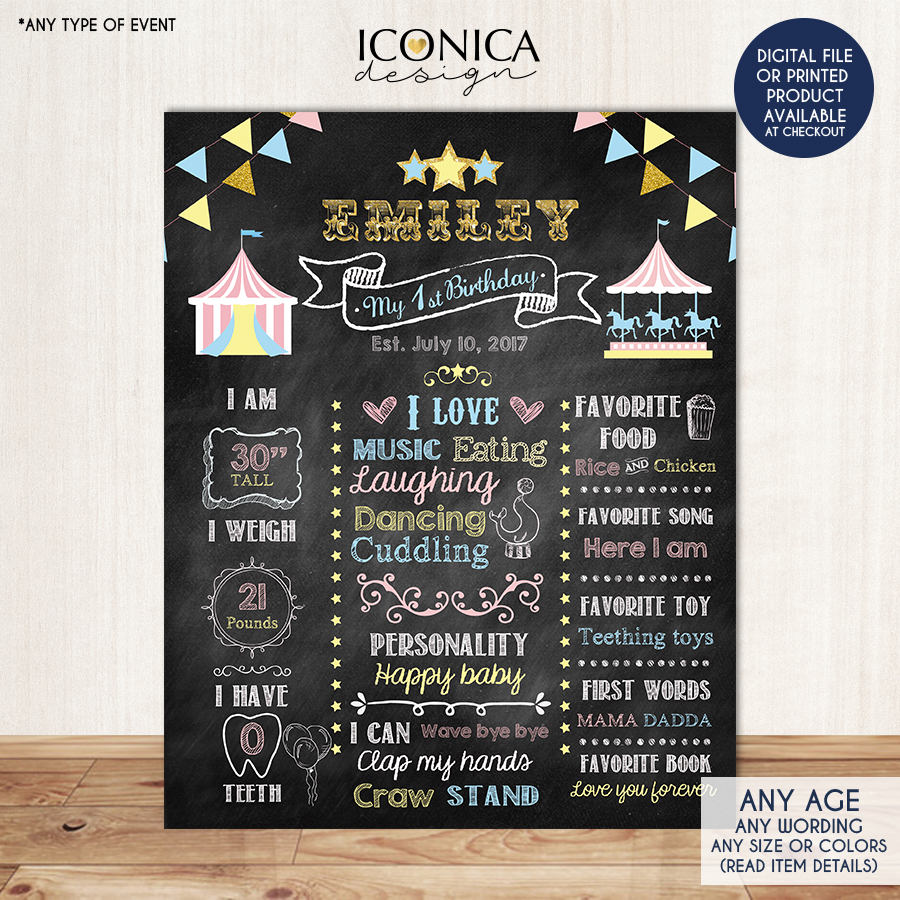 Circus First Birthday Chalkboard Poster, Girl Carousel Birthday Chalkboard Sign, Carnival Milestone Poster, Any Age, Digital or Printed