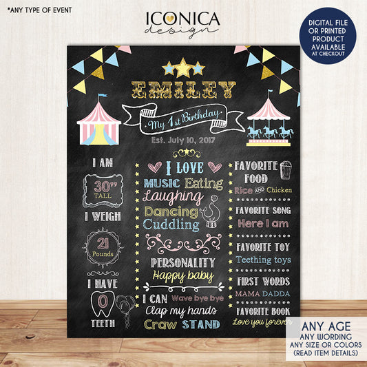 Circus First Birthday Chalkboard Poster, Girl Carousel Birthday Chalkboard Sign, Carnival Milestone Poster, Any Age, Digital or Printed
