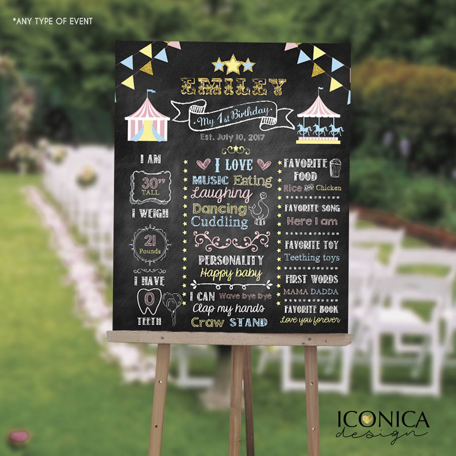 Circus First Birthday Chalkboard Poster, Girl Carousel Birthday Chalkboard Sign, Carnival Milestone Poster, Any Age, Digital or Printed