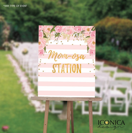 Baby Shower "Mom-osa Station" Sign, Floral Pink Stripes Sign, Mimosa Station Sign, Printed or Printable File - Free Shipping