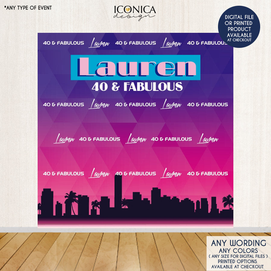 Miami Style backdrop, Skyline backdrop, Art Deco Palm trees design, Milestone Birthday Backdrop, 40 and Fabulous Party Decor, 40th Birthday Party Backdrop, Printed