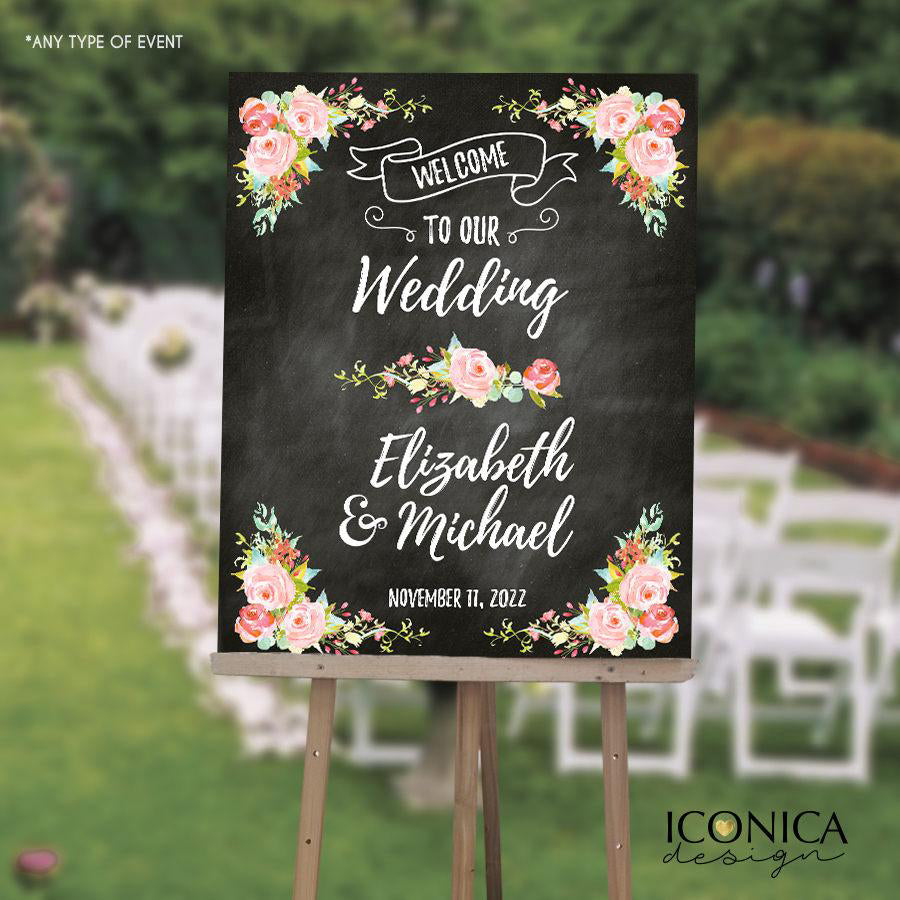 Floral Wedding Welcome Sign, Garden Party Chalkboard Poster, Wedding Poster, Wedding Chalkboard, Printed