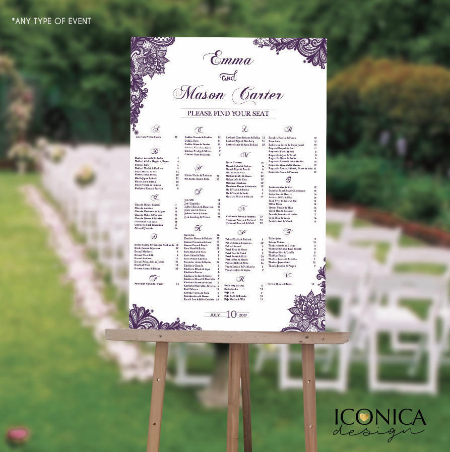 Wedding Seating Chart Board Elegant Purple LACE Printable - Printed Seating Chart Guest List Chart Seating Chart Template any color SCW0003