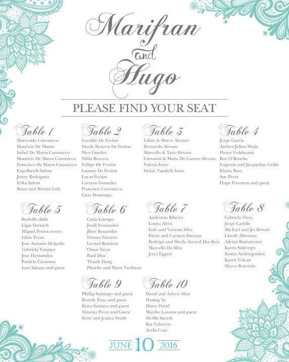Wedding Seating Chart Board Elegant Purple LACE Printable - Printed Seating Chart Guest List Chart Seating Chart Template any color SCW0003
