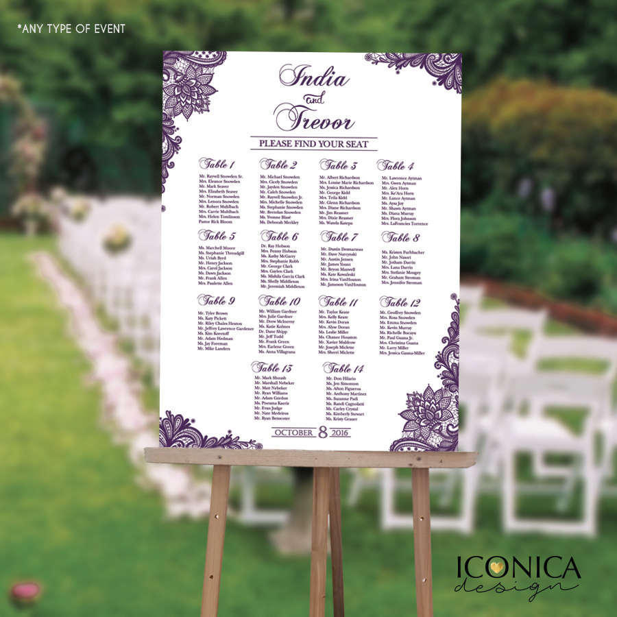 Baby Shower Seating Chart Board, Purple LACE Baby Shower - Printed Seating Chart Guest List Chart Seating Chart Template any color SCW0014