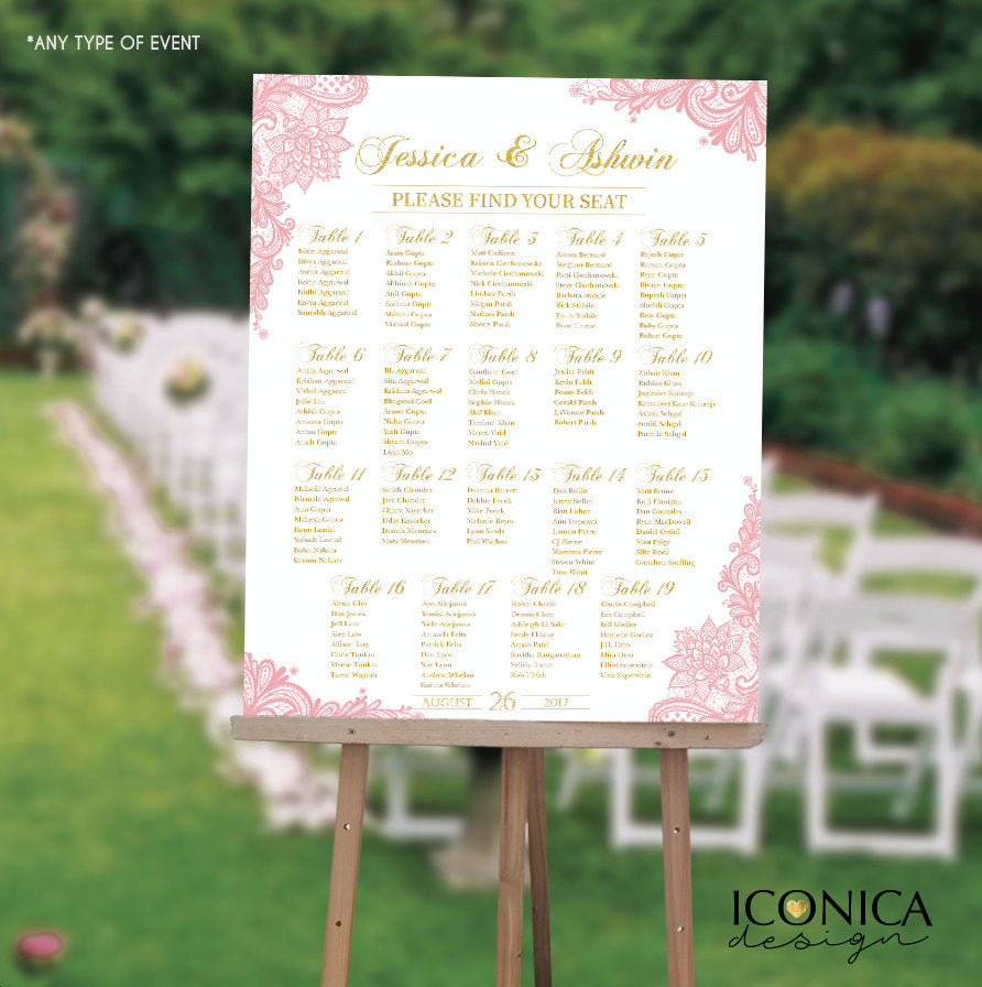 Wedding Seating Chart Board, Elegant Pink Gold Lace, Wedding Guest List Chart, Pink Wedding Decor, Any Color, Printed SCW0019