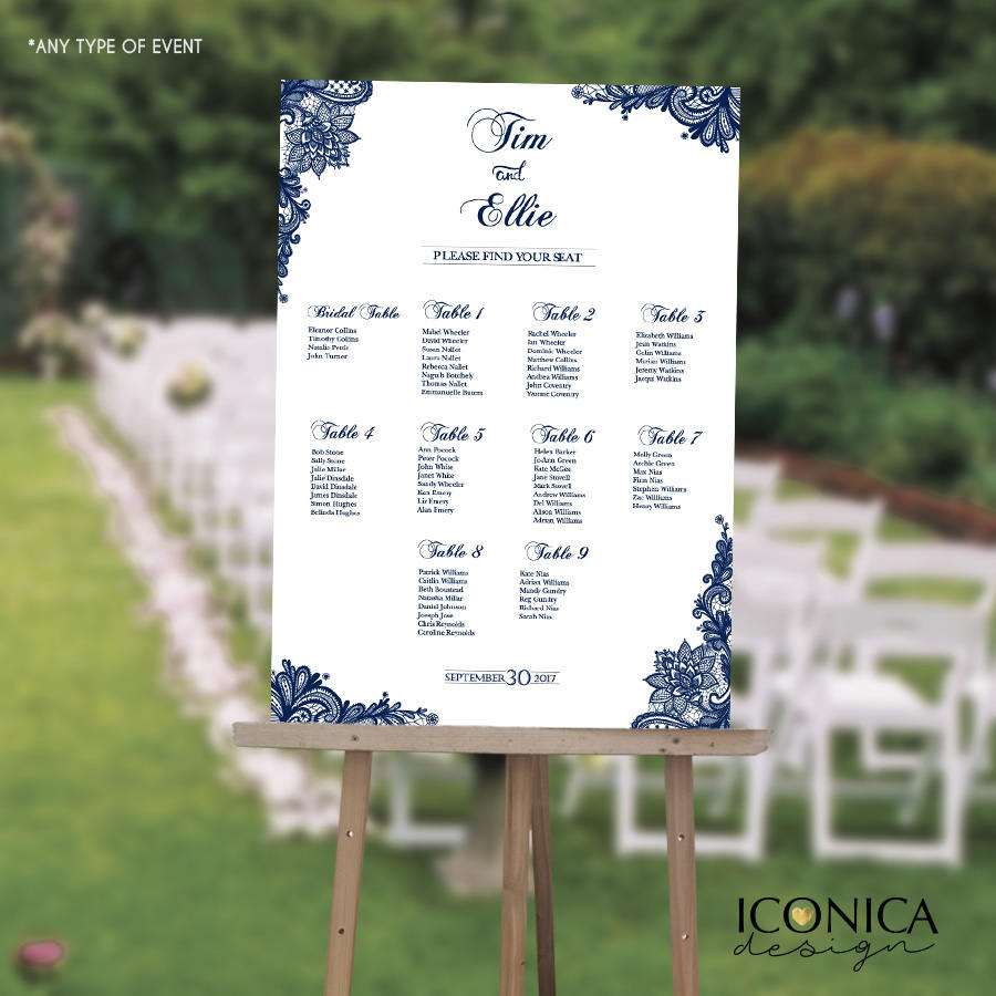 Wedding Seating Chart Board Elegant Navy Blue Printable - Printed Seating Chart Guest List Chart Seating Chart Template any color SCW0017