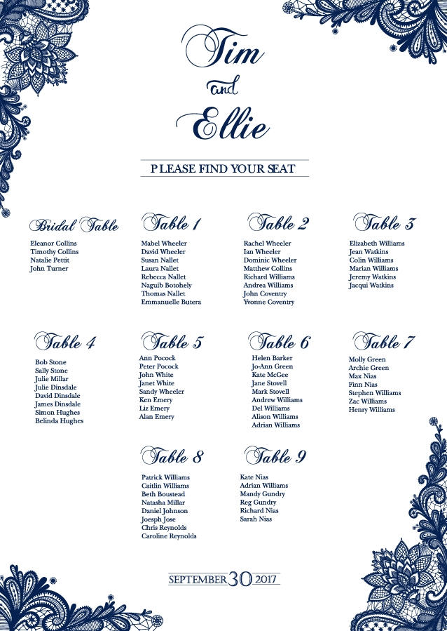 Wedding Seating Chart Board Elegant Navy Blue Printable - Printed Seating Chart Guest List Chart Seating Chart Template any color SCW0017