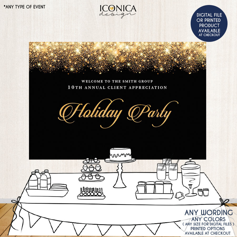 Elegant 60th Birthday Backdrop personalized, Milestone Birthday Backdrop, Corporate Party Backdrop,Black and Gold Party Decor BHO0004