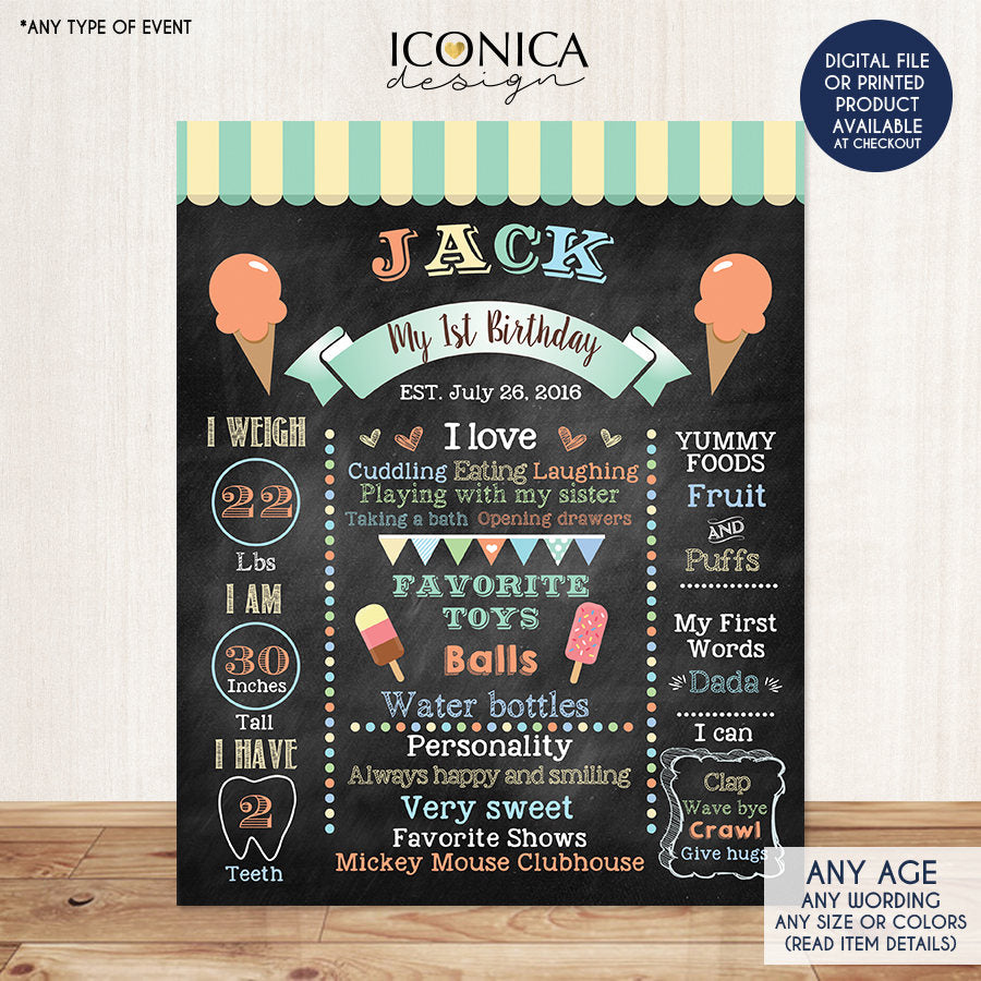 Ice Cream First Birthday Chalkboard Sign, Milestone Poster, Ice cream Party, Ice Cream Parlor,  Ice cream Milestones Poster