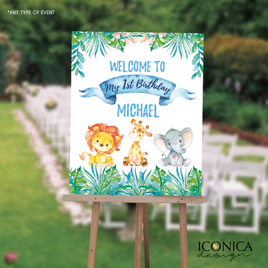 Boy Safari First Birthday Welcome Sign , Jungle Safari 1st Birthday Sign, Girl Safari First Birthday Sign, Any Age, Printed