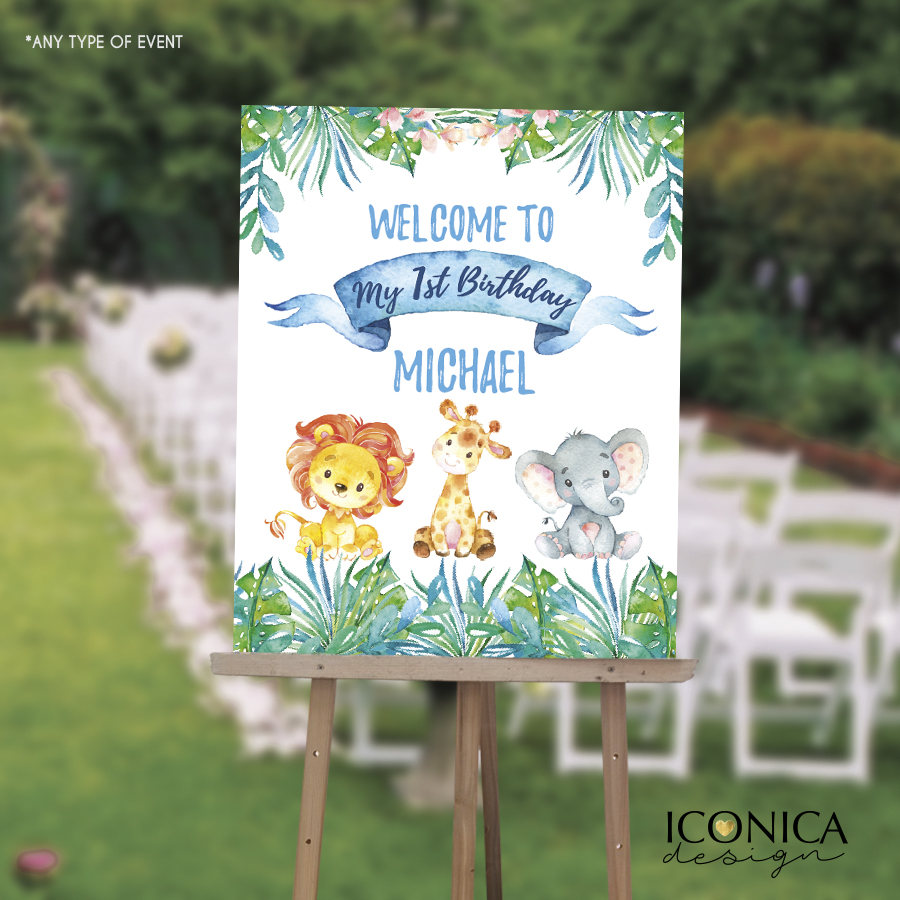 Boy Safari First Birthday Welcome Sign , Jungle Safari 1st Birthday Sign, Girl Safari First Birthday Sign, Any Age, Printed