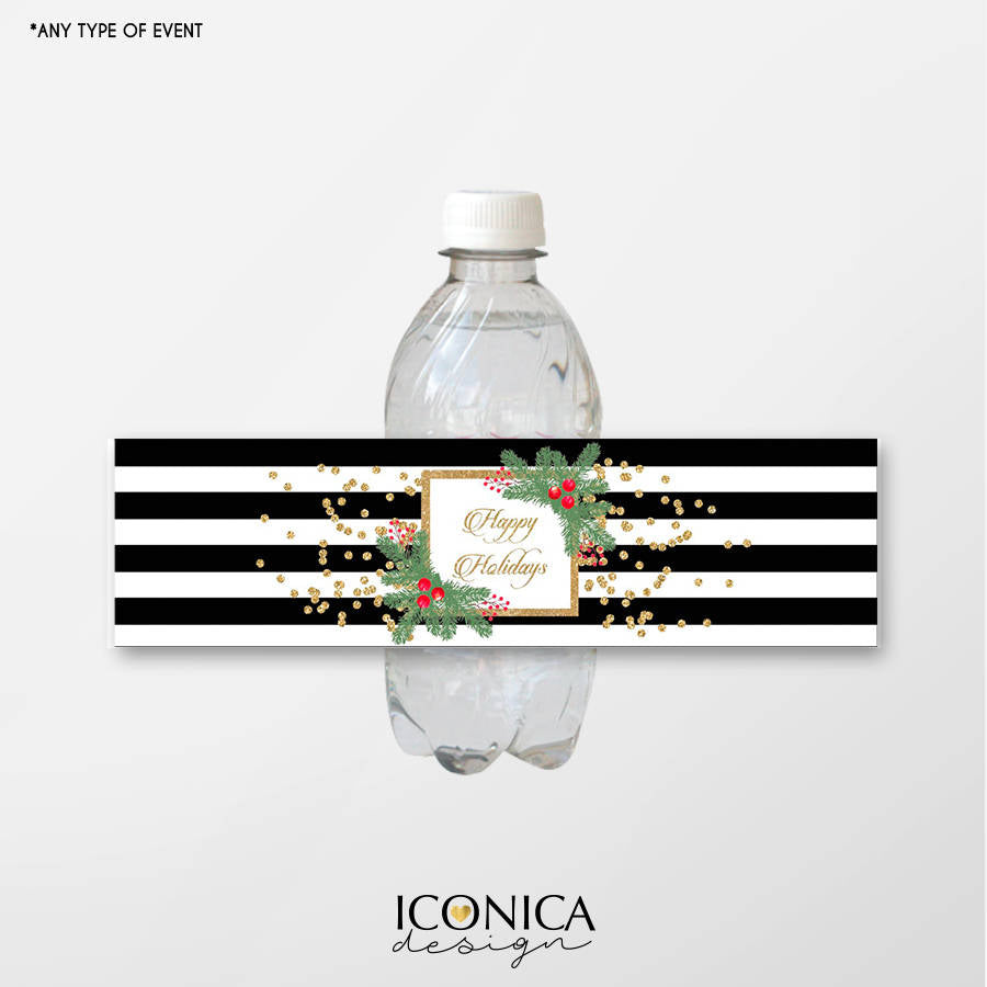 Holiday Bottle Wrappers, Festive Water Bottle Labels, Black and White Stripes, Gold Glitter, Digital File or Printed Labels