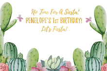 Load image into Gallery viewer, Cactus Party Backdrop, Bridal Shower Fiesta, Cactus Desert Party, Watercolor Flowers, Mexican Theme, Succulents, Printed
