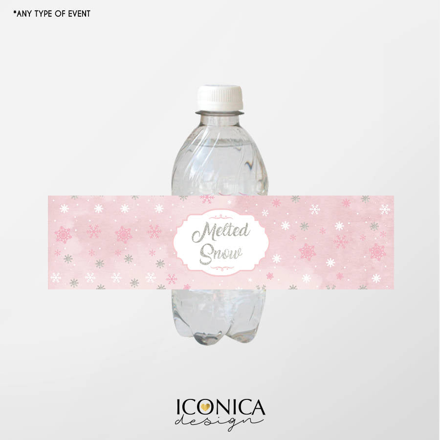 Winter Wonderland Bottle Labels, Pink Winter Party Bottle Wrappers, Silver and Pink, Snowflakes Party Printed or Personalized Printable File