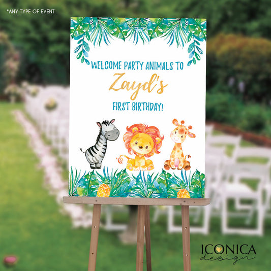 Safari First Birthday Welcome Sign , Jungle Safari Welcome Sign, Boy Safari Welcome Sign, Printed SWBS005