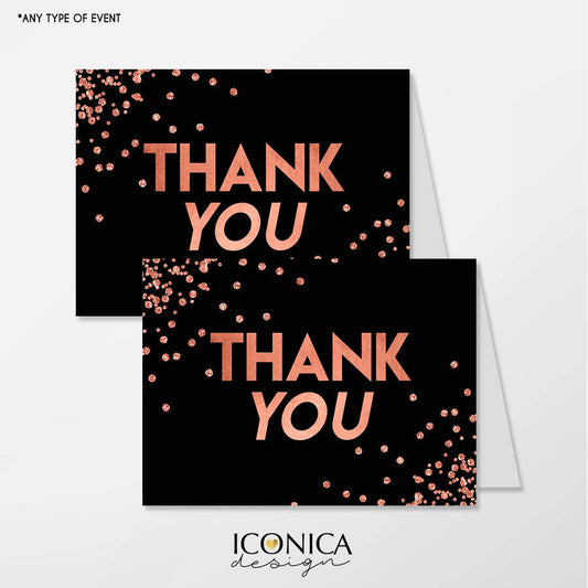 Thank you cards set Of 10/A2 Folded/Black and Rose Gold Confetti Collection, White Or Cream Envelopes Included/Non Personalized