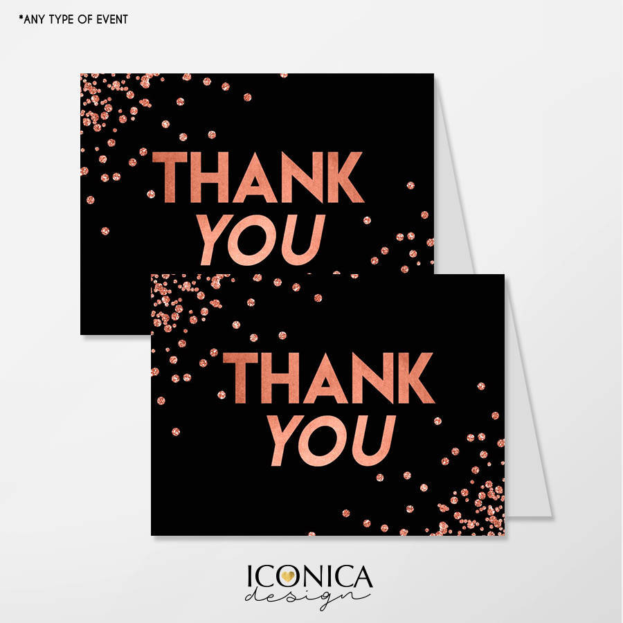 Thank you cards set Of 10/A2 Folded/Black and Rose Gold Confetti Collection, White Or Cream Envelopes Included/Non Personalized