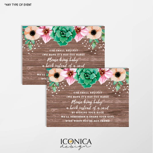 Floral Rustic Book Request Cards 3.5x2.5" Stock The Library Cards, Floral Baby Shower, Succulents,Woodland Party, Non Personalized