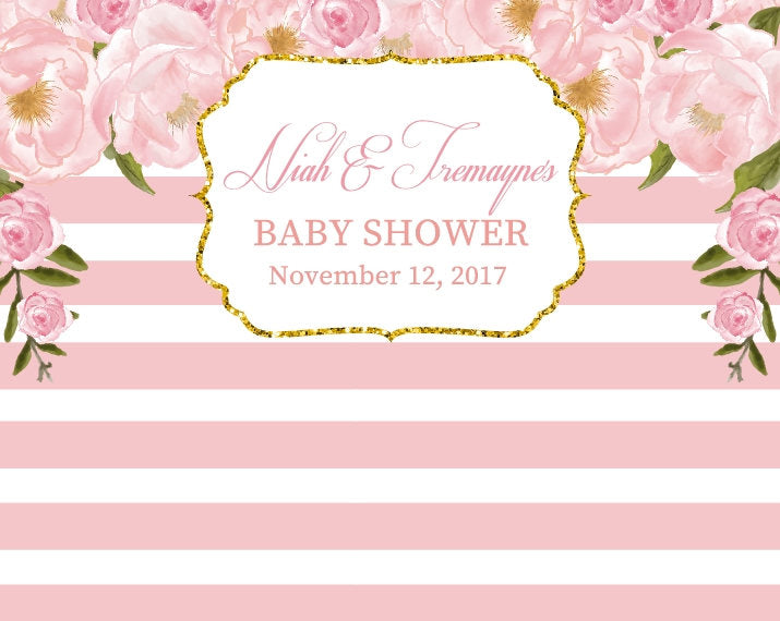 Floral Pink Baby Shower Backdrop, Gold and Pink Peonies Dessert Table Banner, any wording -colors, Garden Party Printed or Printable BBS0043