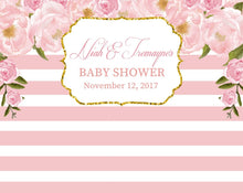 Load image into Gallery viewer, Floral Pink Baby Shower Backdrop, Gold and Pink Peonies Dessert Table Banner, any wording -colors, Garden Party Printed or Printable BBS0043
