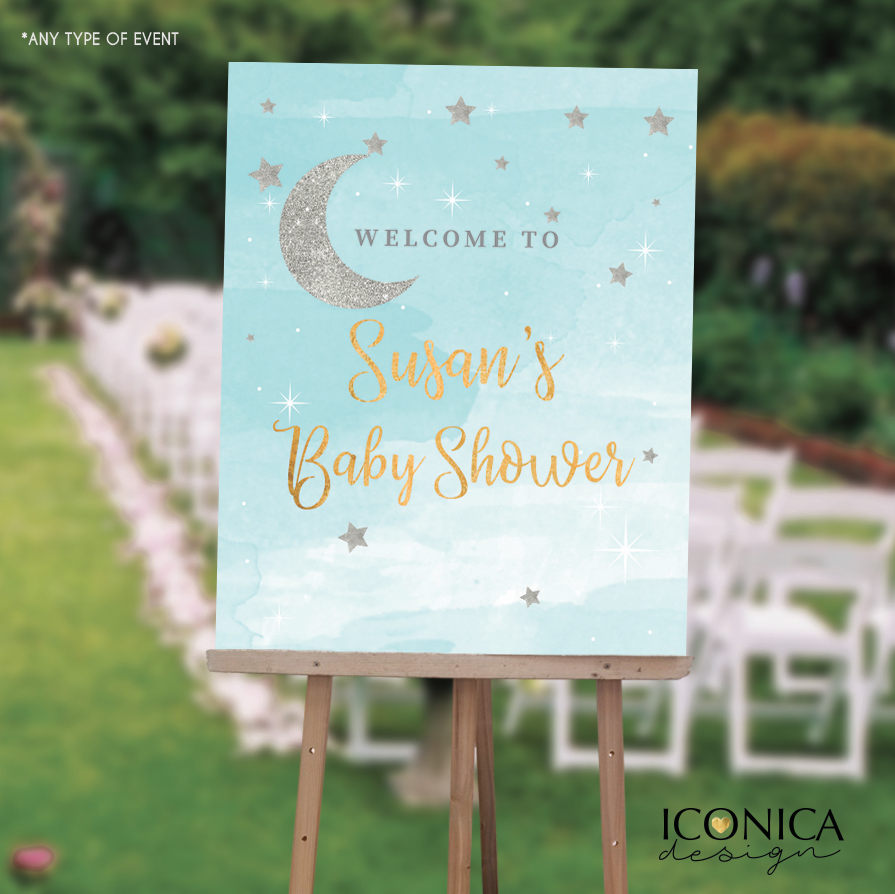 Twinkle Twinkle Welcome Sign , Little Star Welcome Baby Sign, Blue Watercolor Welcome Sign, Baby Boy Shower, Printed SWBS006