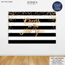 Load image into Gallery viewer, NYE Party Backdrop, Black And White Party Backdrop, Black And White Stripes backdrop, Elegant Party Backdrop, Printed Or Printable File
