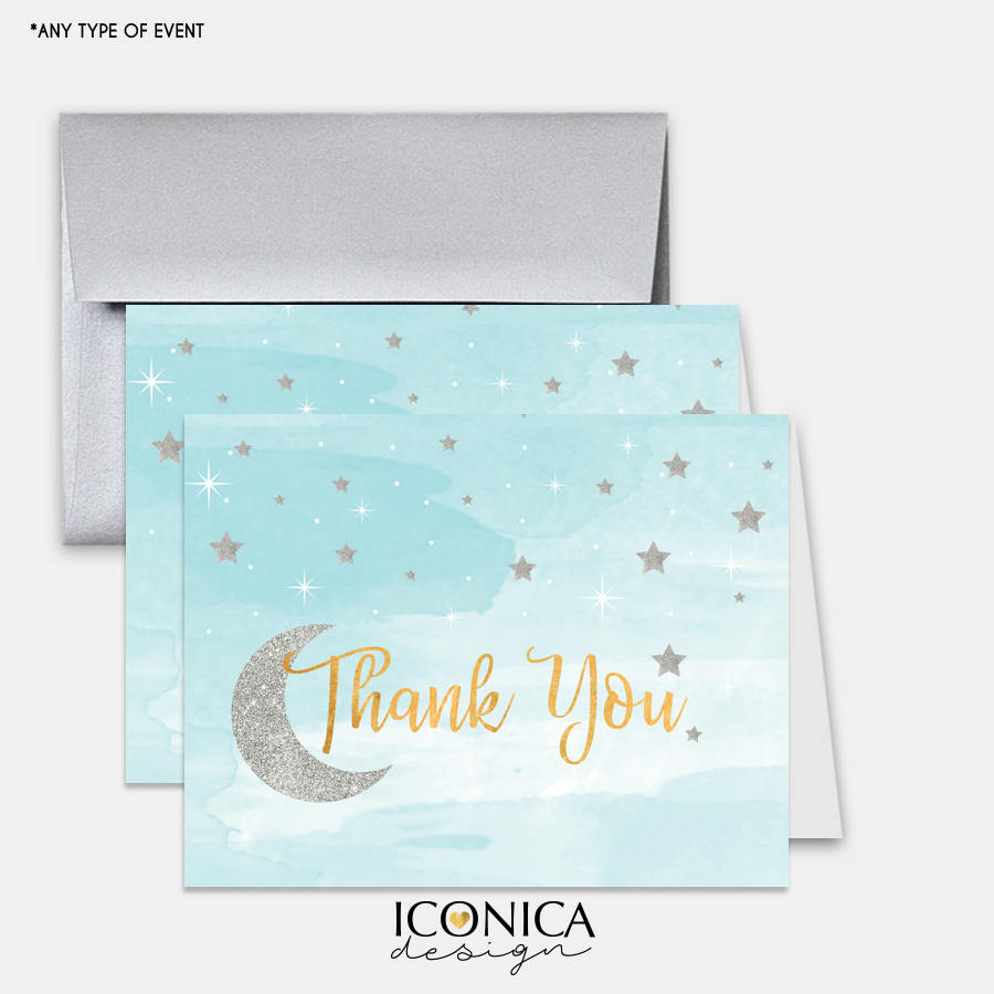 Twinkle Thank You Cards,Moon and stars Watercolor Cards,set Of 10,A2 Folded White Or Cream Envelopes,Non Personalized-Printed Cards TCF0010