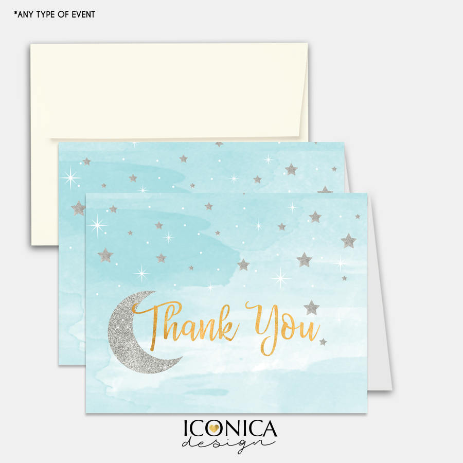 Twinkle Thank You Cards,Moon and stars Watercolor Cards,set Of 10,A2 Folded White Or Cream Envelopes,Non Personalized-Printed Cards TCF0010