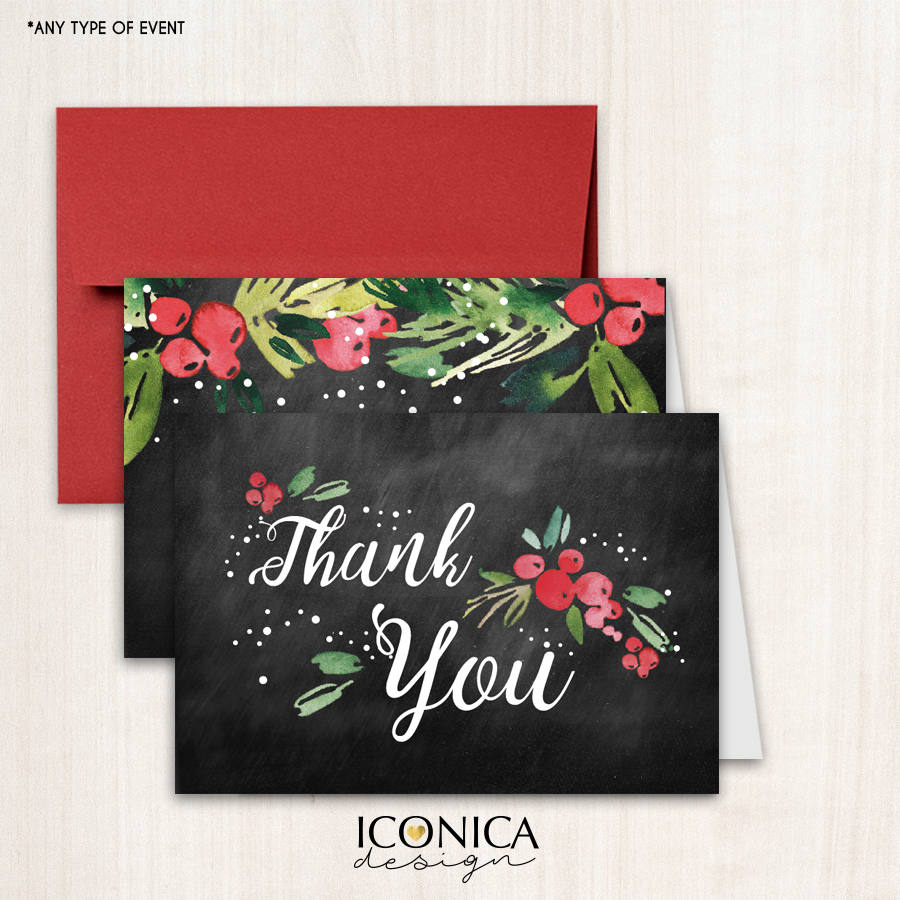 Holiday Thank You Cards, Festive Cards, Chalky cards //set Of 10// A2 Folded / A2 Envelopes Included, NonPersonalized, Printed Cards TCF0004