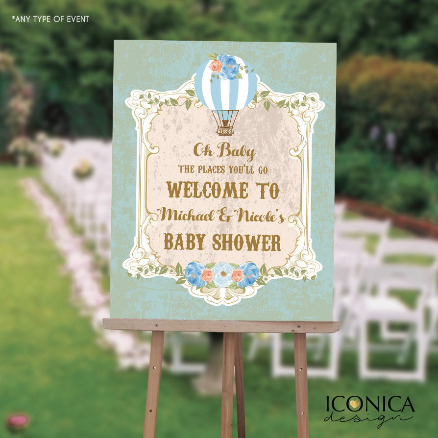 Baby Shower Welcome Sign, Hot Air Balloon Mint Green Vintage, Oh Baby Sign, The places you'll go, Printed or Printable File SWBS008