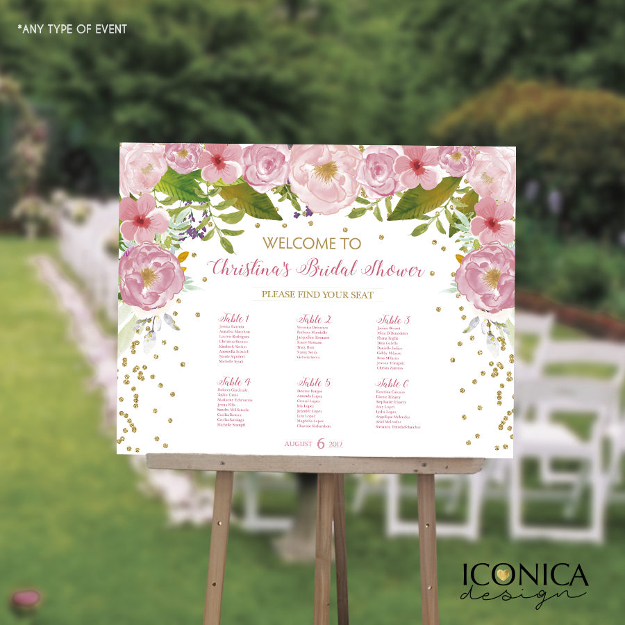 Wedding Seating Chart Board, Floral Pink Gold Confetti, Printed Seating Chart Guest List Seating Chart Template, SCW0020