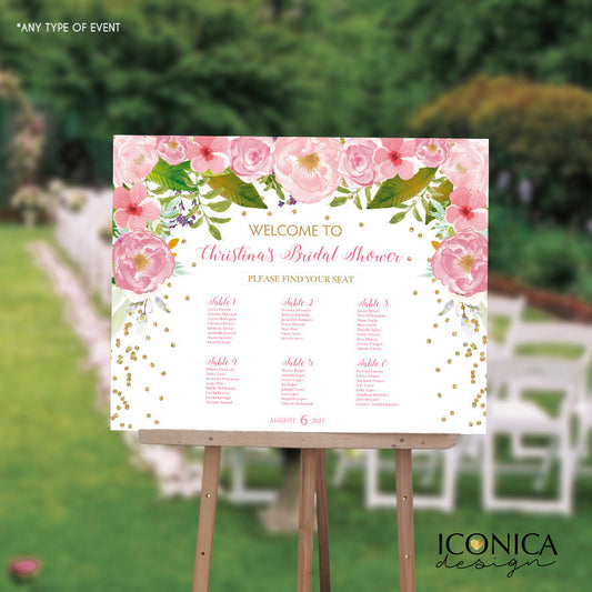 Bridal Shower Seating Chart Board, Floral Pink Gold Confetti, Printed Seating Chart Guest List Seating Chart Template, SCW0020