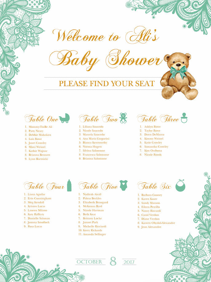 Baby Shower Seating Chart Board, Mint green LACE, Printed Seating Chart Guest List, Seating Chart Template, any color, SCW0021