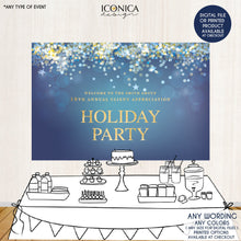 Load image into Gallery viewer, Holiday Party Backdrop, Blue Gold Silver Sparkles, Blue Christmas Party Banner, Any type of Event, Printed BHO0009
