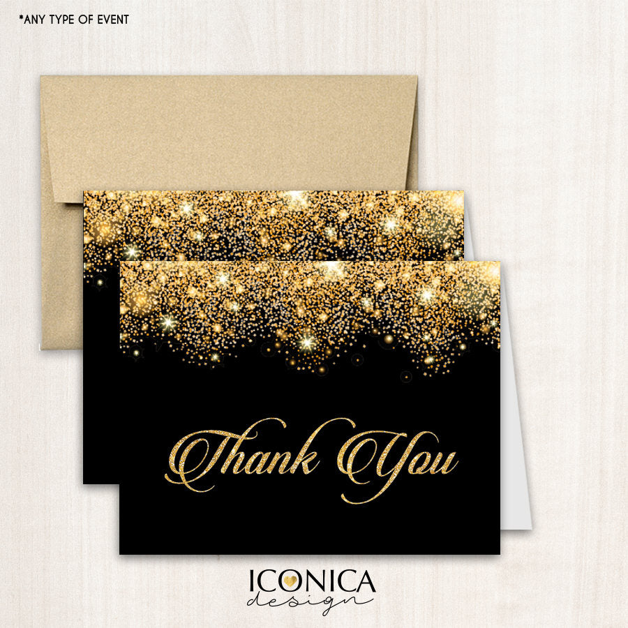 Black and Gold Sparkling Thank You Cards,set Of 10 A2 Folded, White Or Cream A2 Envelopes Included, Printed Cards