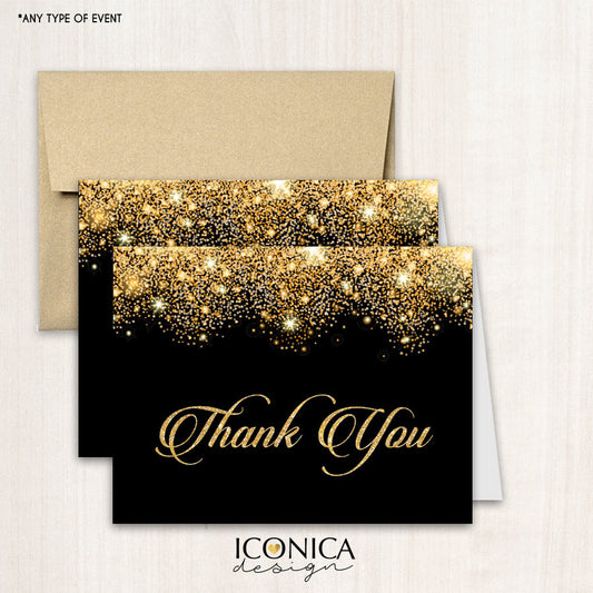 Black and Gold Sparkling Thank You Cards,set Of 10 A2 Folded, White Or Cream A2 Envelopes Included, Printed Cards