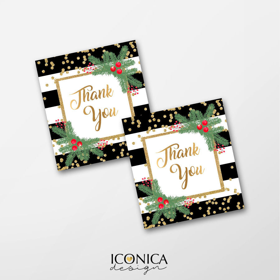 Holiday Party Favor Tags - Festive Gift Tags - Black and White Striped Thank You Tags, Digital File Or Printed Gift Tags