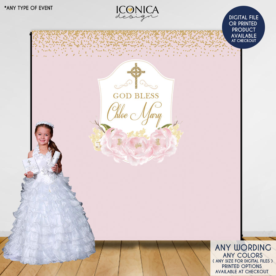 Baptism Backdrop,First Communion Backdrop,Floral Photo Backdrop,Pink Peonies Christening Backdrop,Printed BFC0002