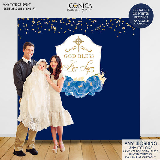 Baptism Backdrop, First Communion Backdrop, Floral Photo Backdrop,Blue Peonies,Printed ,BAR0004
