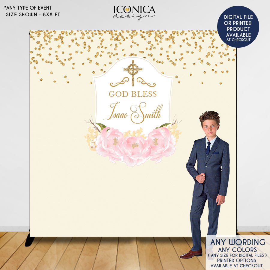 Baptism Backdrop, First Communion Backdrop, Floral Photo Backdrop,Blue Peonies,Printed BFC0002